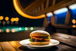 a hamburger on a plate with lights in the background. AI-Generated photo