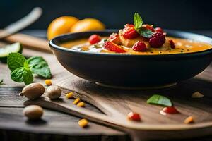a bowl of soup with a spoon and a knife. AI-Generated photo