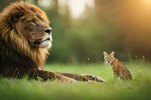 un león y un gato son en pie en el césped. generado por ai foto