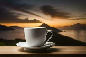 a cup of coffee on a wooden table with a view of the sea and mountains. AI-Generated photo