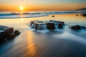 un puesta de sol terminado el Oceano con rocas y agua. generado por ai foto