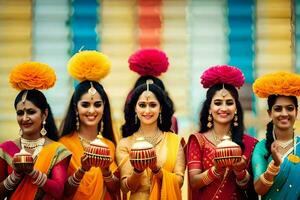 cinco mujer en vistoso saris participación lámparas generado por ai foto