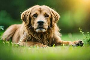 a golden retriever laying in the grass. AI-Generated photo