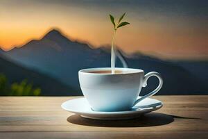 a cup of tea with a mountain in the background. AI-Generated photo