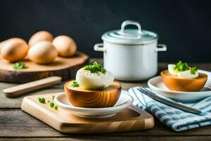 boiled eggs in wooden bowls on a wooden table. AI-Generated photo