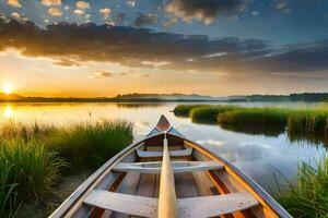 the sun rises over the water in a canoe. AI-Generated photo