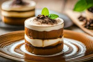 a dessert with chocolate and coffee on a plate. AI-Generated photo