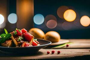 a plate of food with berries and meat on a wooden table. AI-Generated photo