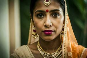 a woman wearing traditional jewellery and a red lipstick. AI-Generated photo