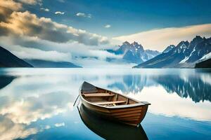 el barco es flotante en el calma lago. generado por ai foto