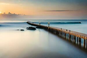 a long exposure photo of a pier in the ocean. AI-Generated
