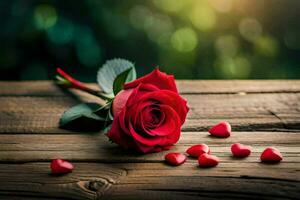a single red rose on a wooden table with hearts. AI-Generated photo
