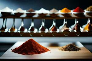 spices on a wooden tray. AI-Generated photo