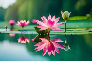 rosado loto flores en el agua con verde hojas. generado por ai foto