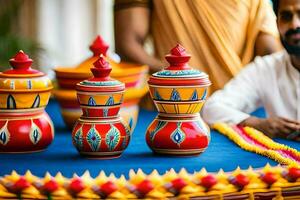 a man is looking at some colorful pots on a table. AI-Generated photo