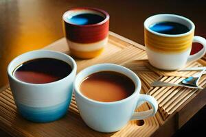 three coffee cups with different colors of liquid. AI-Generated photo