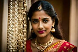 a beautiful indian woman wearing a red sari and gold jewelry. AI-Generated photo