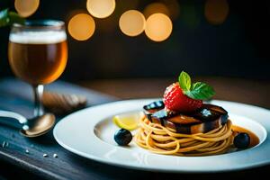 a plate with spaghetti and berries on a wooden table. AI-Generated photo