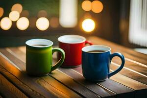 Tres café tazas en un de madera mesa. generado por ai foto