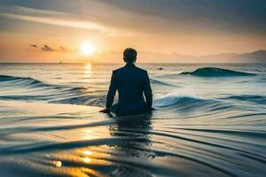 a man in a suit sitting on the ocean waves at sunset. AI-Generated photo