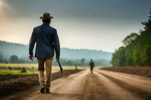 un hombre en un sombrero y traje caminando abajo un suciedad la carretera. generado por ai foto