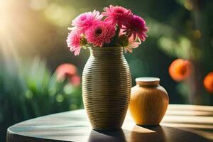 un florero con rosado flores sentado en un mesa. generado por ai foto