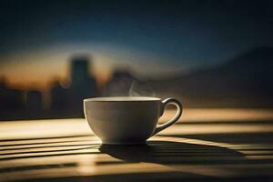 un taza de café en un de madera mesa en frente de un ciudad horizonte. generado por ai foto