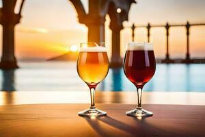 two glasses of beer on a table in front of the ocean. AI-Generated photo