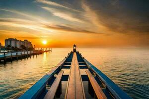a pier at sunset with a boat in the water. AI-Generated photo