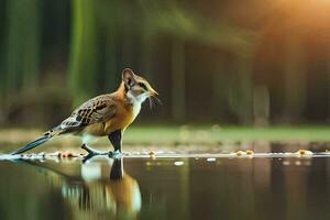 a bird standing on the water with its head down. AI-Generated photo