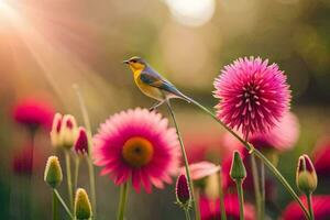 un pájaro es encaramado en parte superior de rosado flores generado por ai foto