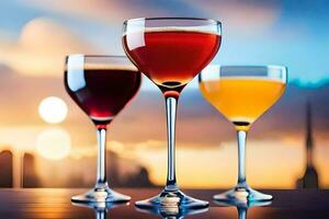 three glasses of different colored drinks on a table. AI-Generated photo