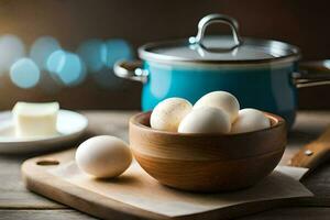 a bowl of eggs and a pot of water. AI-Generated photo