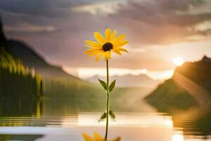 a single yellow flower stands in the middle of a lake. AI-Generated photo