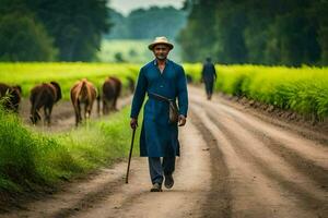 a man walking down a dirt road with cattle. AI-Generated photo