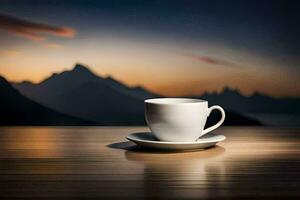 coffee cup on the table with mountains in the background. AI-Generated photo