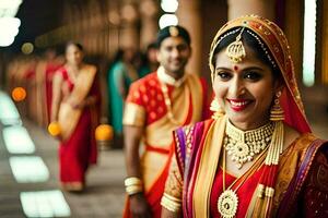a woman in traditional indian attire smiles for the camera. AI-Generated photo
