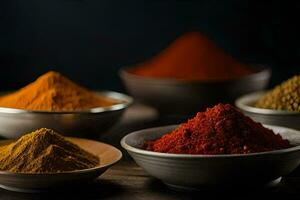 a variety of spices in bowls. AI-Generated photo