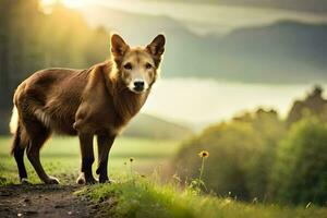 a dog standing on a path in the mountains. AI-Generated photo