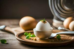 an egg is sitting on a wooden plate with a spoon. AI-Generated photo