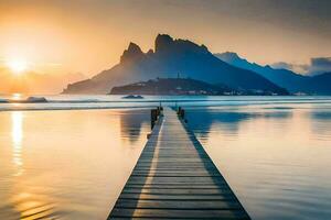 un de madera muelle estiramientos dentro el Oceano a puesta de sol. generado por ai foto