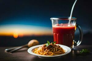 spaghetti and tomato juice on a wooden table. AI-Generated photo