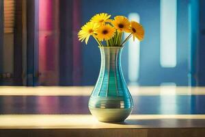 a vase with yellow flowers sitting on a table. AI-Generated photo