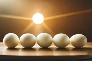 five eggs are lined up on a wooden table. AI-Generated photo