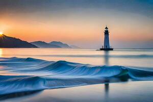 un faro soportes en el medio de el Oceano a puesta de sol. generado por ai foto