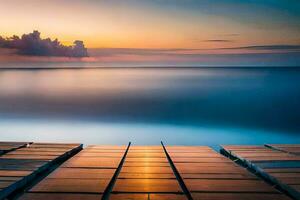 a wooden dock in the ocean at sunset. AI-Generated photo