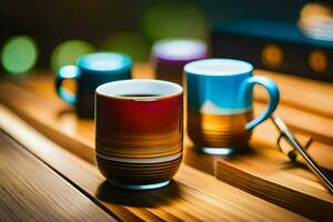 three colorful coffee cups sit on a wooden table. AI-Generated photo