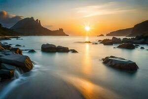the sun rises over the ocean and rocks. AI-Generated photo