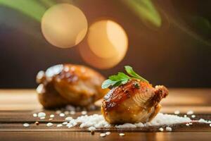 chicken wings on a wooden table with a blurry background. AI-Generated photo