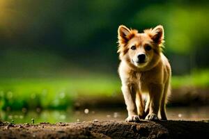 a dog standing on a log in front of a pond. AI-Generated photo